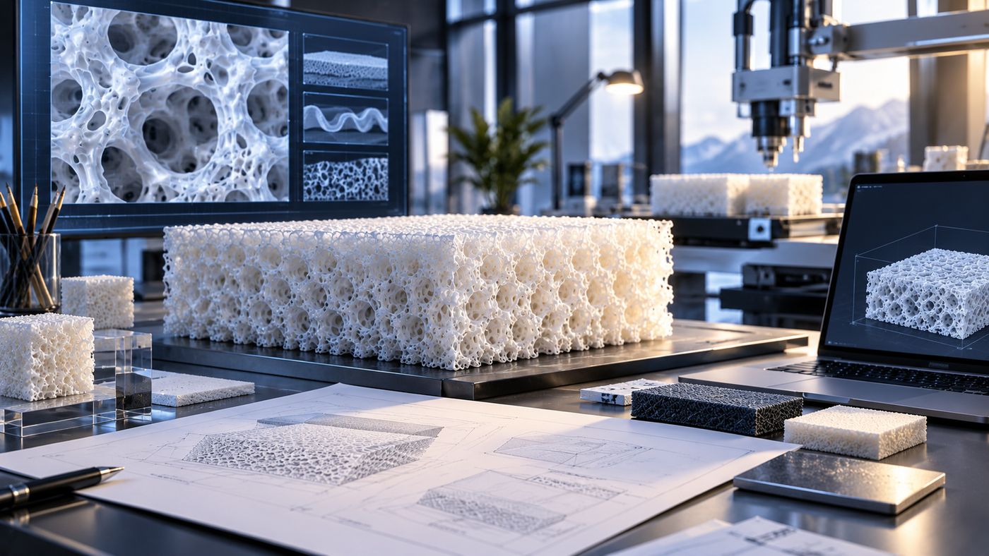 Design desk with a large open-cell material block, material samples, technical drawings and a digital model on screen